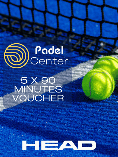 Green tennis balls on blue court with black net in background at Padel Centre.